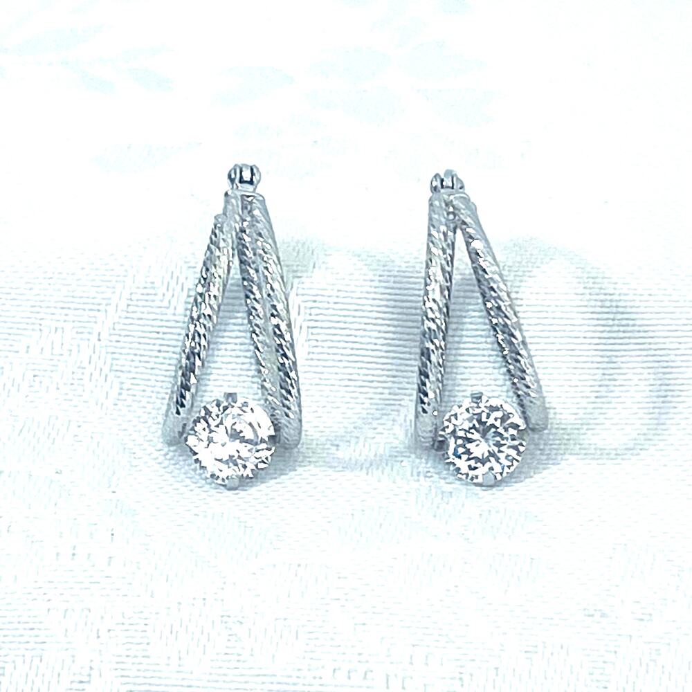 Earrings Hoop Vtg Jacmel JCM Sterling Silver 925 CZ Textured Double Loop